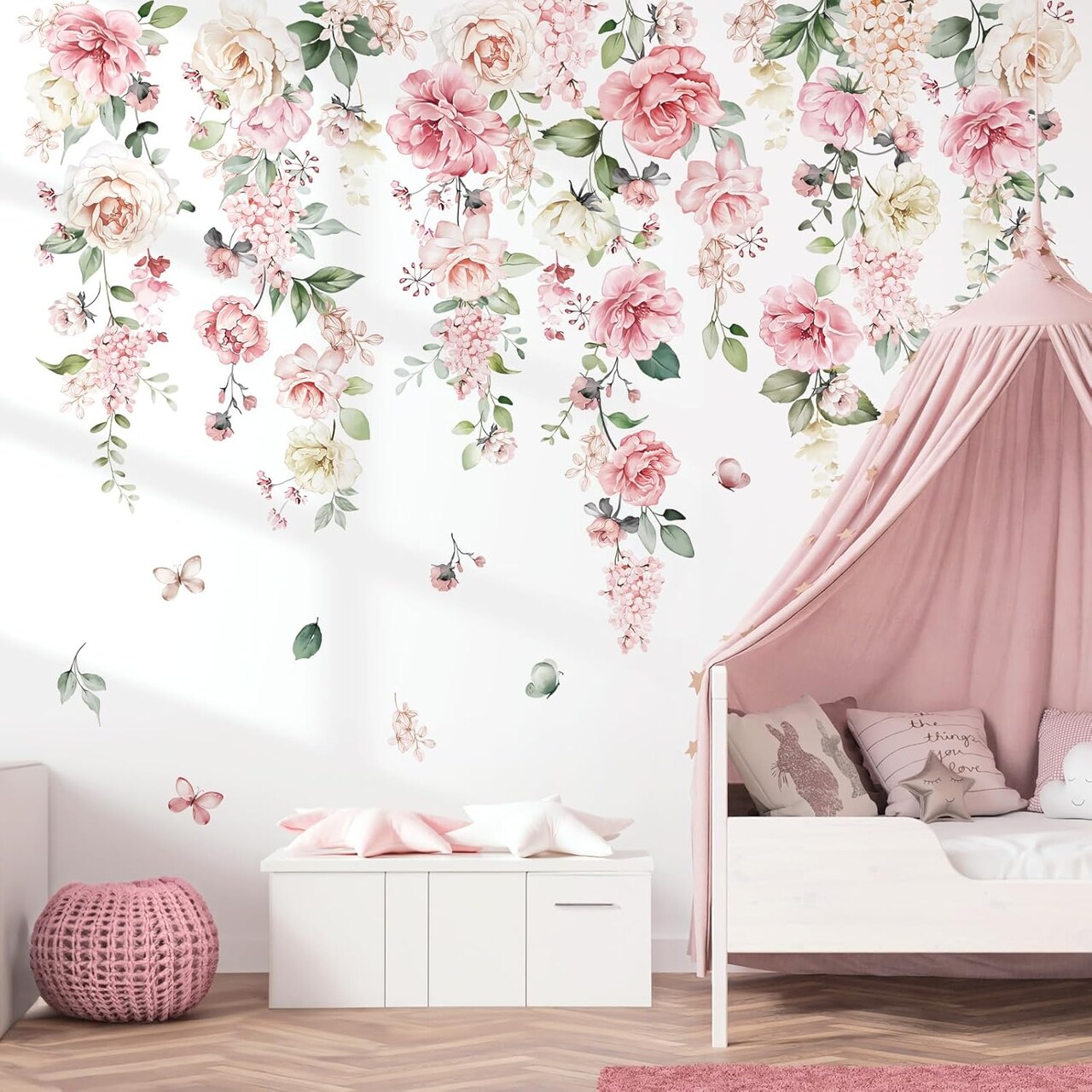 Large Pink Flowers Wall Stickers Hanging Vine Floral Leaves Peel (Multi)